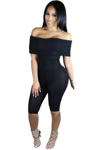 Sexy Black Knee-length Off Shoulder Ribbed Jumpsuit