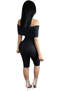 Sexy Black Knee-length Off Shoulder Ribbed Jumpsuit