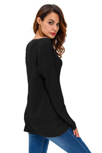 Sexy Black Knitted Long Sleeve Plunge Jumper