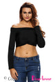 Sexy Black Knotted Front Off-the-shoulder Long Sleeve Top