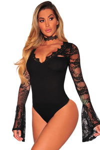 Sexy Black Lace Bell Sleeves Bodysuit