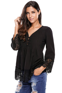 Sexy Black Lace Detail Button Up Sleeved Blouse