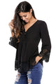 Sexy Black Lace Detail Button Up Sleeved Blouse