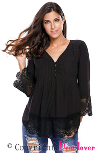 Sexy Black Lace Detail Button Up Sleeved Blouse