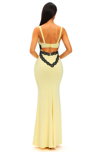 Sexy Black Lace Detail Yellow Long Prom Party Maxi Dress