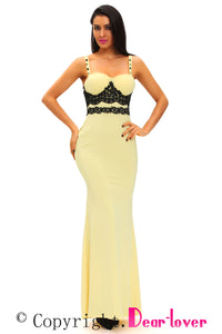 Sexy Black Lace Detail Yellow Long Prom Party Maxi Dress
