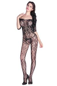 Sexy Black Lace Floral Open Tight Super Decollete Bodystockings