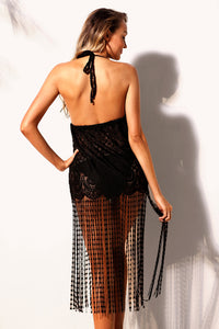 Sexy Black Lace Fringe Halter Beach Dress Cover Up
