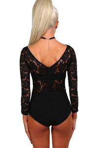 Sexy Black Lace Lattice Sleeve Bodysuit