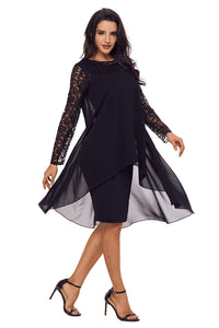Sexy Black Lace Long Sleeve Double Layer Midi Dress