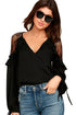 Sexy Black Lace Long Sleeve Ruffle Shoulder Top