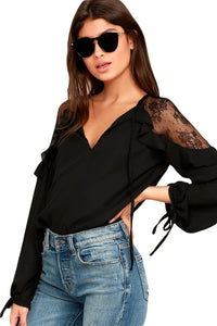 Sexy Black Lace Long Sleeve Ruffle Shoulder Top