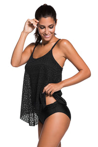 Sexy Black Lace Overlay Spaghetti Straps Tankini Swimsuit