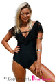 Sexy Black Lace Ruffle Cap Sleeve One Piece Swimsuit