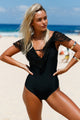 Sexy Black Lace Ruffle Cap Sleeve One Piece Swimsuit