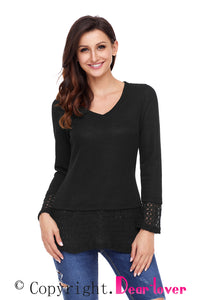 Sexy Black Lace Sleeve and Hem Thermal Knit Sweater
