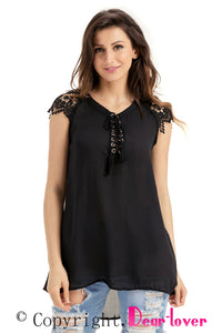 Sexy Black Lace Sleeves Lace up Tunic Top