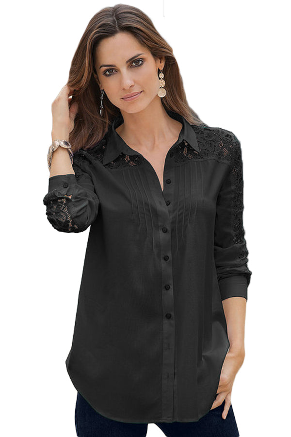 Sexy Black Lace Splice Long Sleeve Button Down Shirt – SEXY