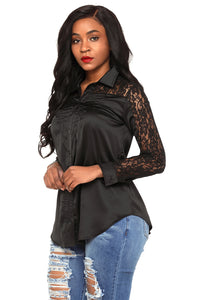 Sexy Black Lace Splice Long Sleeve Button Down Shirt