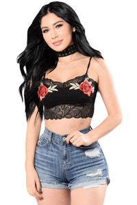 Sexy Black Lace Trim Rose Embroidered Bralette