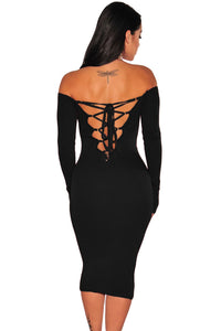 Sexy Black Lace Up Back Long Sleeve Off Shoulder Dress