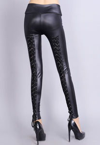 Sexy Black Lace Up Back Stretch Leather Leggings