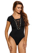 Sexy Black Lace Up Cap Sleeves Bodysuit