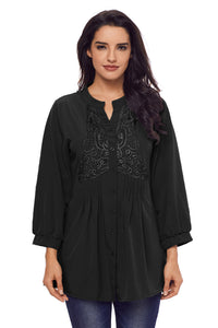 Sexy Black Lace and Pleated Detail Button up Blouse