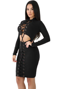 Sexy Black Lace-up Corset Cut Out Long Sleeve Dress