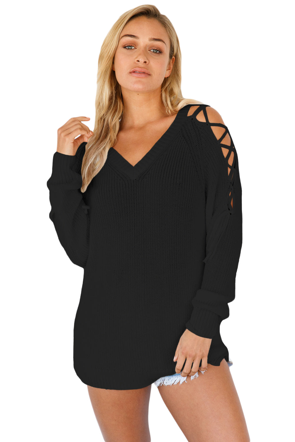 Sexy Black Lace up Shoulder Loose Fit Sweater Top  SEXY AFFORDABLE CLOTHING