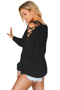 Sexy Black Lace up Shoulder Loose Fit Sweater Top
