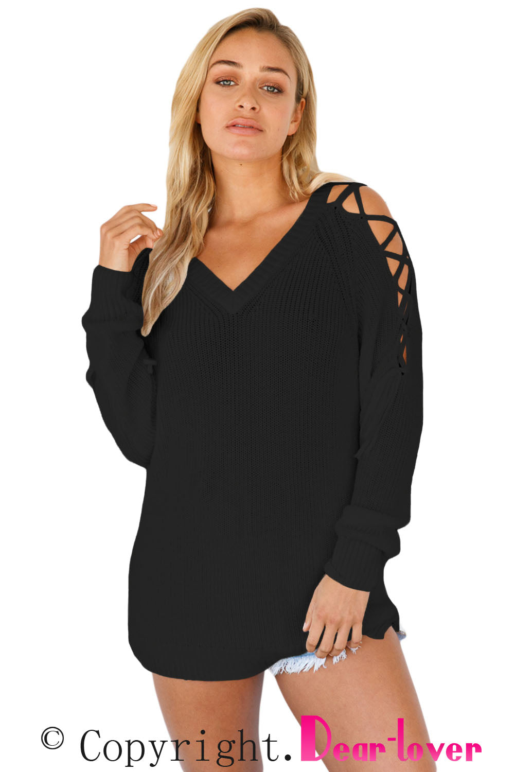 Sexy Black Lace up Shoulder Loose Fit Sweater Top SEXY AFFORDABLE CLOTHING Sexy Black Lace up Shoulder Loose Fit Sweater Top SEXY AFFORDABLE CLOTHING