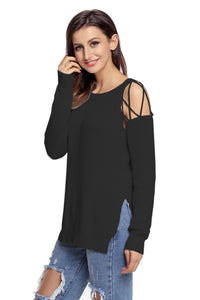 Sexy Black Lace up Shoulder Sweater