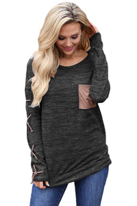 Sexy Black Lace up Sleeve Front Pocket Women's Casual Top