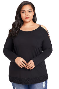 Sexy Black Lace up Sleeves Plus Size Top
