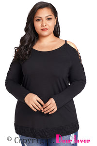 Sexy Black Lace up Sleeves Plus Size Top