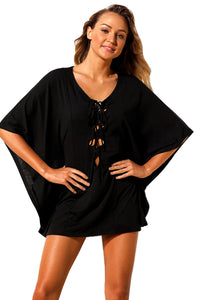 Sexy Black Lace up Tie Hollow-out Poncho Cover up