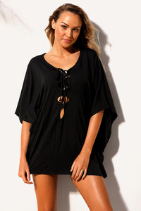 Sexy Black Lace up Tie Hollow-out Poncho Cover up