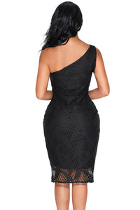 Sexy Black Laser Cut One Shoulder Ruffle Embellished Dress
