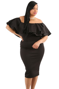 Sexy Black Layered Ruffle Off Shoulder Curvaceous Dress