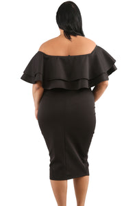 Sexy Black Layered Ruffle Off Shoulder Curvaceous Dress