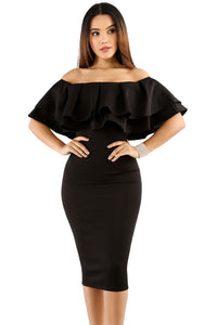 Sexy Black Layered Ruffle Off Shoulder Midi Dress