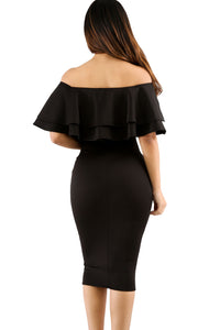 Sexy Black Layered Ruffle Off Shoulder Midi Dress
