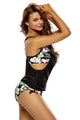 Sexy Black Layered-Style Floral Tankini with Triangular Briefs