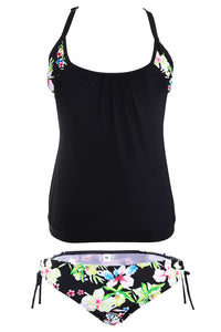 Sexy Black Layered-Style Floral Tankini with Triangular Briefs