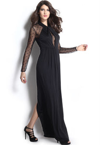 Sexy Black Long Draped Maxi Dress with Mesh Sleeves