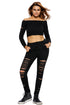 Sexy Black Long Sleeve Crop Top Ribbed Cutout Pant Set