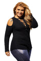 Sexy Black Long Sleeve Cut-out Shoulder Ribbed Top
