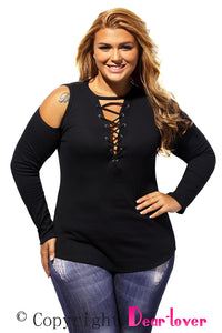 Sexy Black Long Sleeve Cut-out Shoulder Ribbed Top