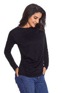 Sexy Black Long Sleeve Draped Round Neck T Shirt